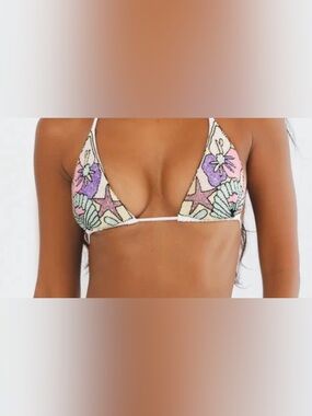 Oceanus Talia beaded Floral Seashell Triangle Bikini Top - White Trim top only
